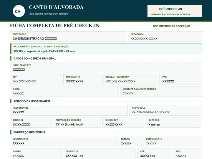 Ficha digital anonimizada do fluxo de pré-check-in do Canto d’Alvorada