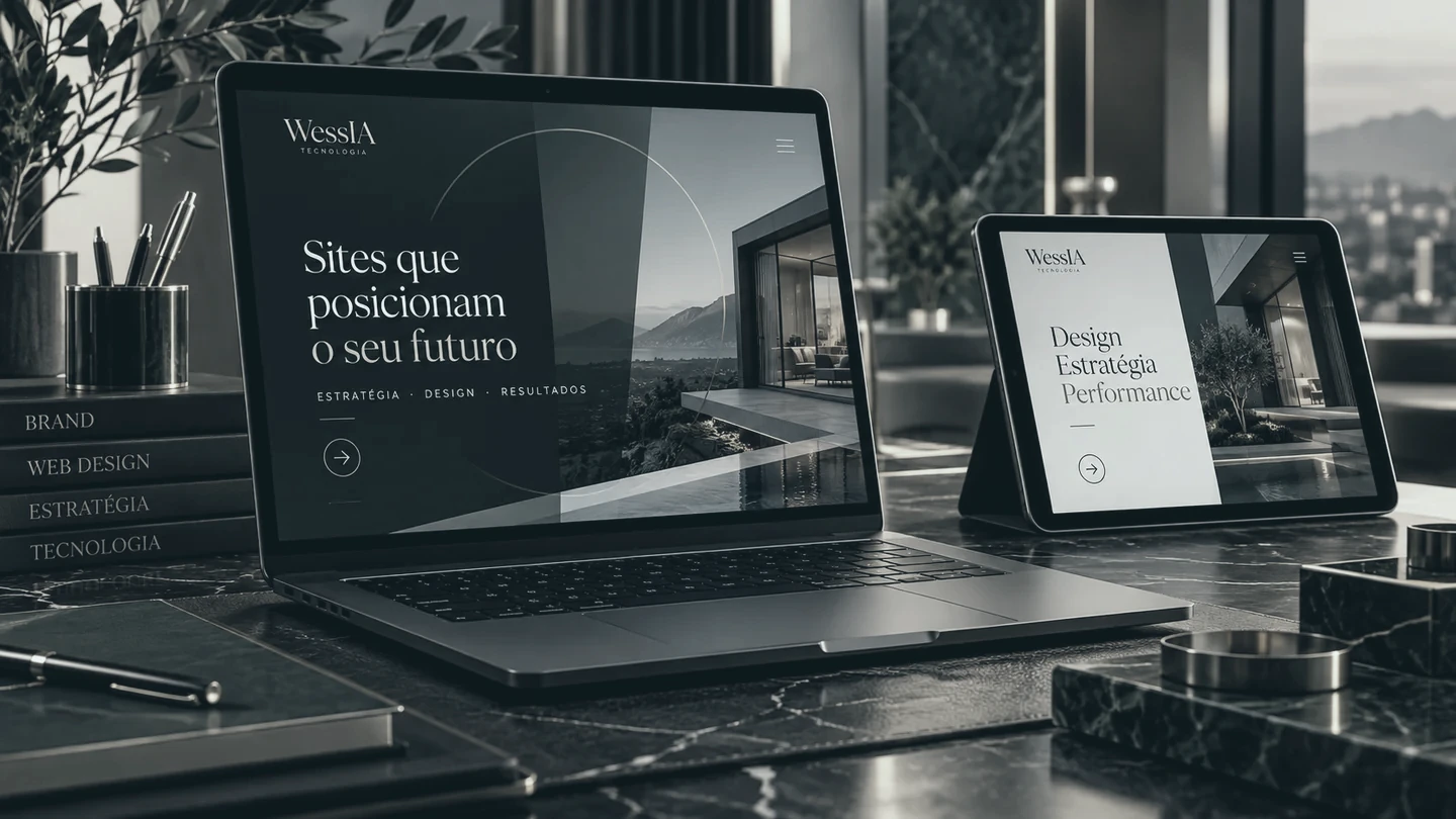 Ambiente premium com notebook e tablet exibindo conceitos de design, estratégia e performance da WessIA Tecnologia